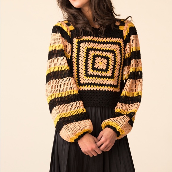 Ulla Johnson Sweaters - Ulla Johnson Beso Crochet Knit Square Neck Puff Sleeve Sweater